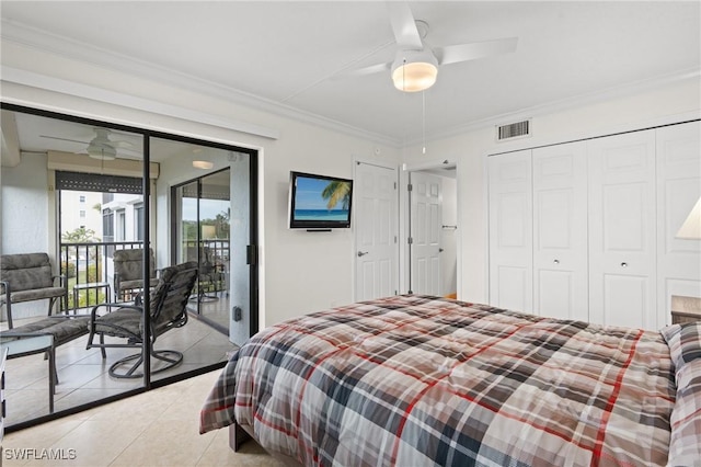 bedroom with ceiling fan, light tile patterned floors, ornamental molding, and access to outside