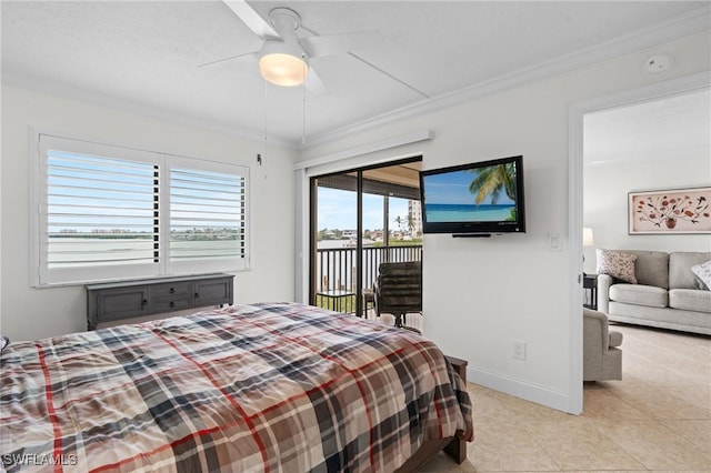 tiled bedroom with ornamental molding, ceiling fan, and access to outside