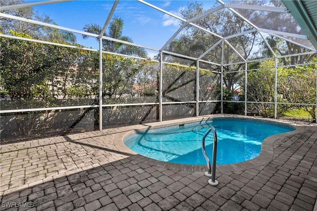 view of swimming pool with a lanai and a patio