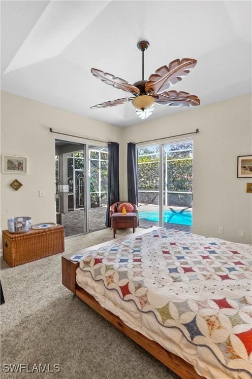 carpeted bedroom with a ceiling fan and access to outside