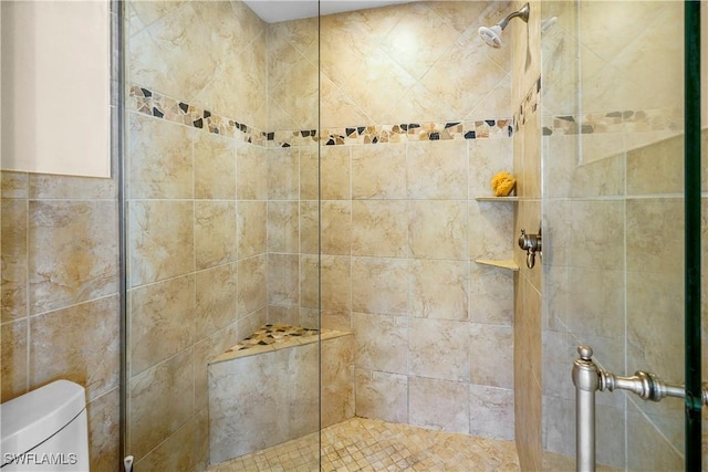 full bathroom with a stall shower and toilet