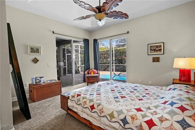 carpeted bedroom featuring access to exterior, a sunroom, and ceiling fan