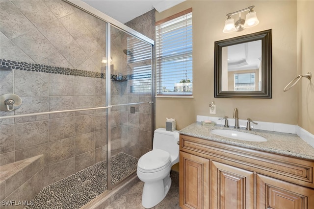 bathroom featuring vanity, a healthy amount of sunlight, toilet, and a shower with door