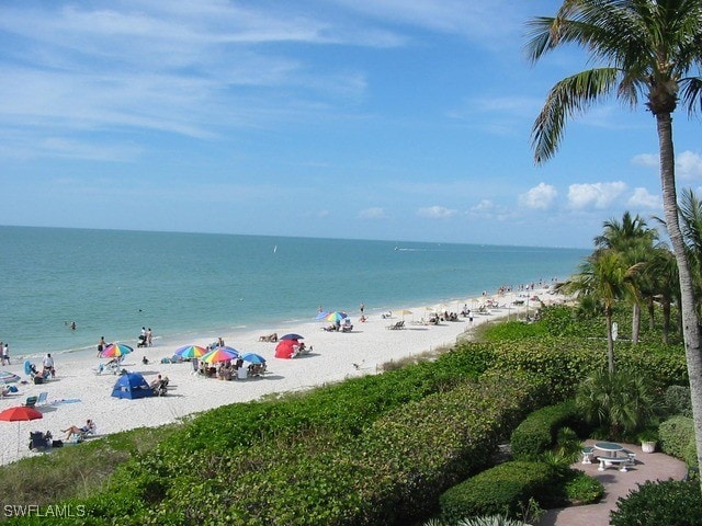 view of water feature with a beach view