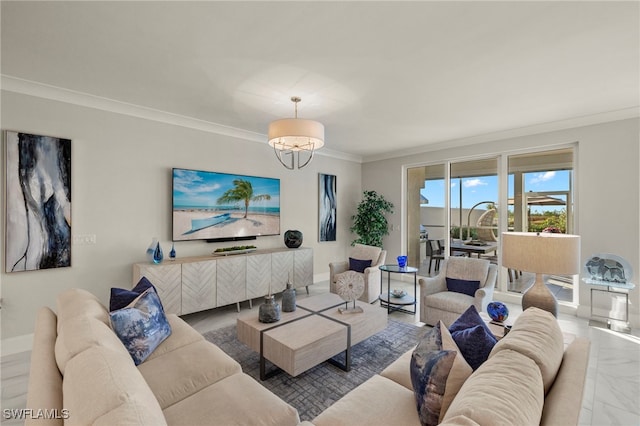 living room featuring crown molding and a notable chandelier