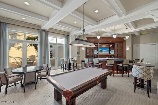 game room with french doors, pool table, coffered ceiling, and beamed ceiling