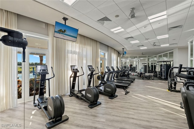 workout area with a drop ceiling and light wood-type flooring