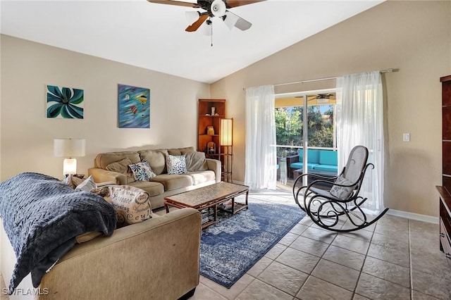 tiled living room with ceiling fan and lofted ceiling