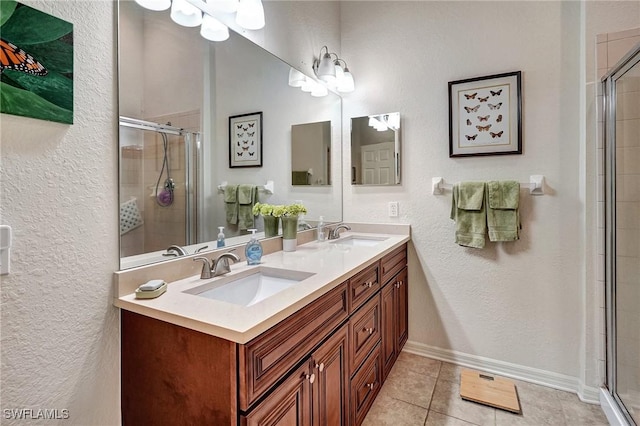 bathroom with tile patterned flooring, vanity, and an enclosed shower