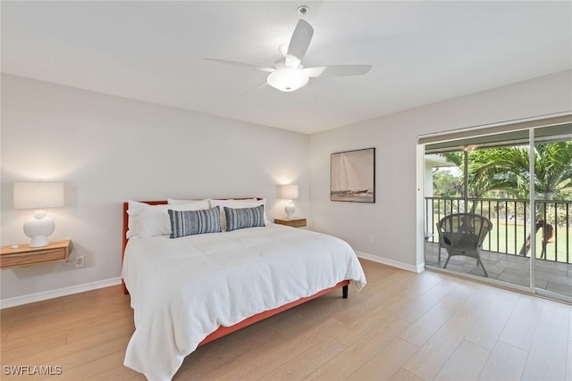 bedroom with ceiling fan, light wood-type flooring, and access to outside