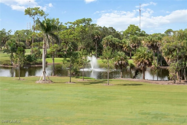 view of home's community with a lawn and a water view