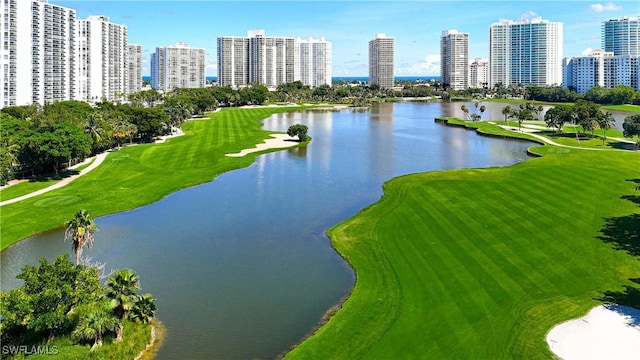 bird's eye view with a water view