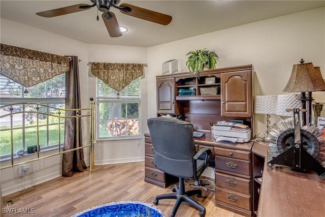 office area with ceiling fan and light wood-type flooring