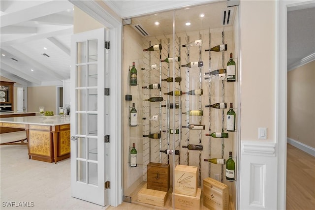 bathroom with beam ceiling