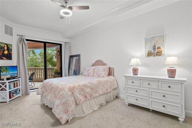 carpeted bedroom with ceiling fan, ornamental molding, and access to outside