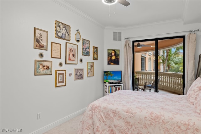 carpeted bedroom with access to outside, ceiling fan, and crown molding