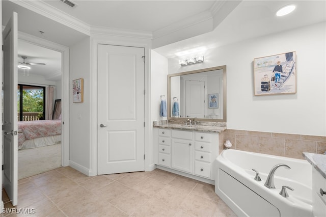 bathroom featuring crown molding, vanity, and ceiling fan