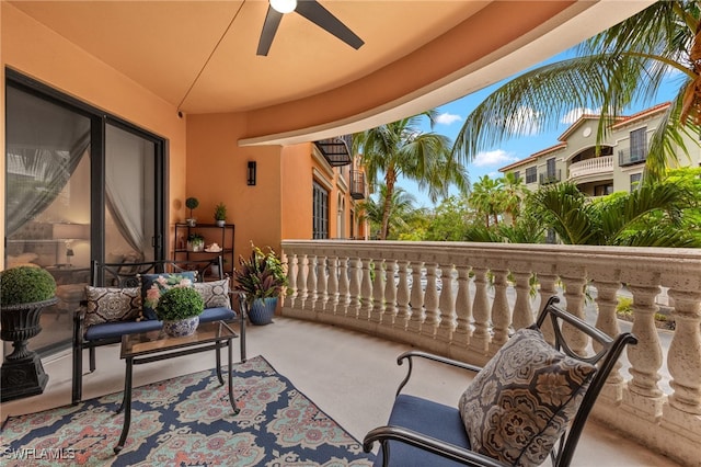 balcony featuring ceiling fan