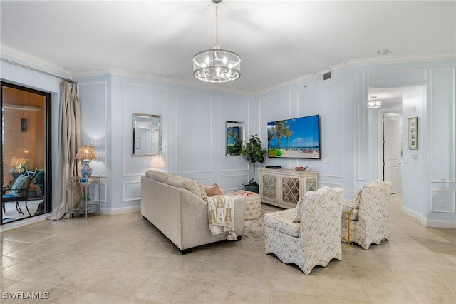 living room with light tile patterned floors, crown molding, and an inviting chandelier