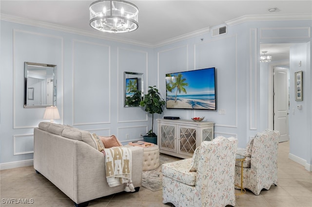 living room with crown molding, light tile patterned flooring, and an inviting chandelier