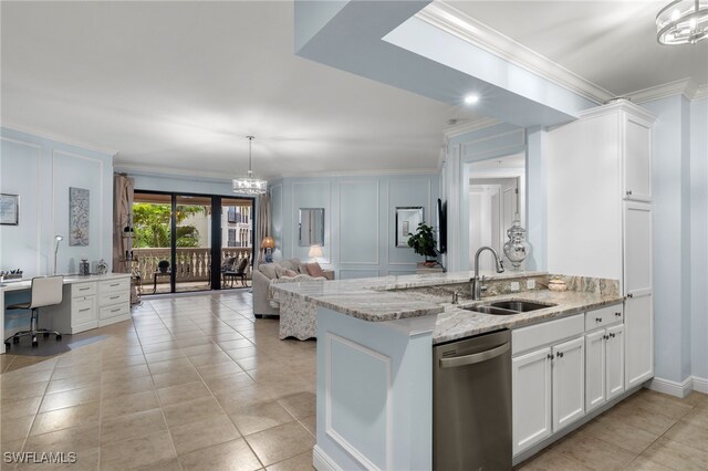 kitchen featuring white cabinetry, sink, stainless steel dishwasher, pendant lighting, and ornamental molding