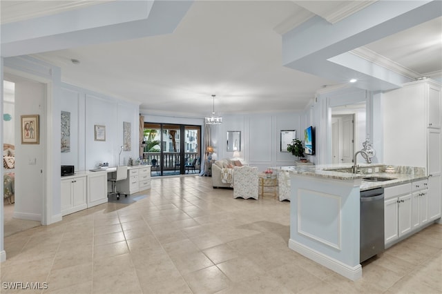 kitchen featuring stainless steel dishwasher, light stone counters, crown molding, pendant lighting, and white cabinets