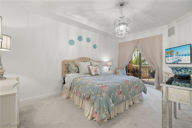 carpeted bedroom with access to outside, ornamental molding, and a notable chandelier