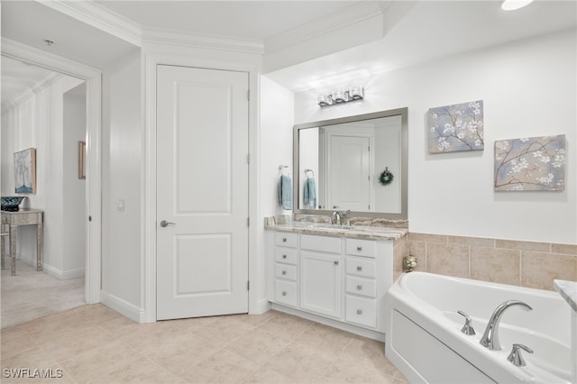 bathroom featuring tile patterned flooring, a bath, vanity, and crown molding