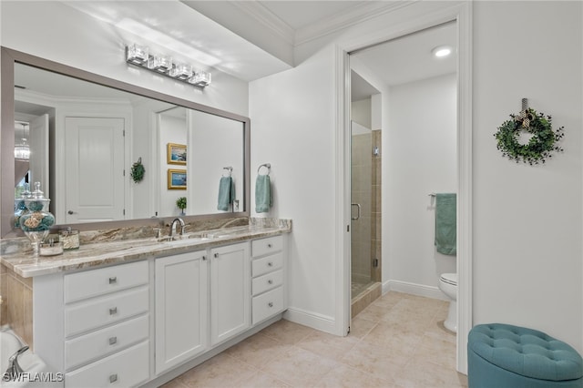 bathroom with tile patterned flooring, toilet, a shower with door, vanity, and ornamental molding