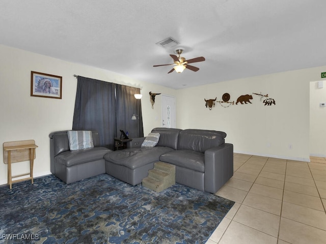 living room with ceiling fan and tile patterned flooring