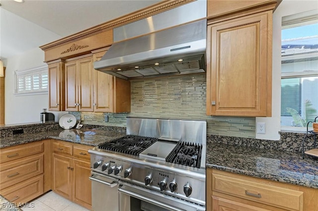 kitchen featuring dark stone countertops, a healthy amount of sunlight, exhaust hood, and high end stainless steel range oven