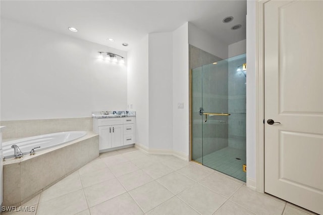 full bath with a garden tub, tile patterned flooring, vanity, and a shower stall