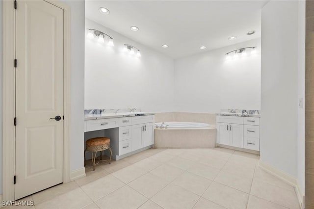 bathroom featuring recessed lighting, a garden tub, tile patterned flooring, and vanity