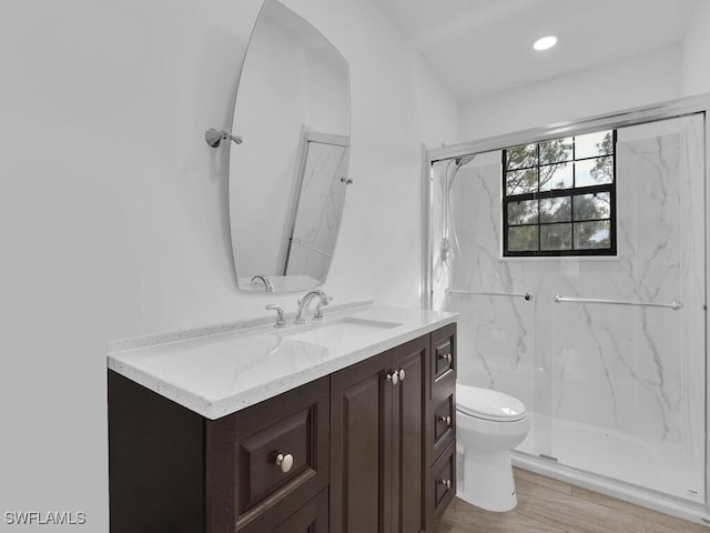 bathroom with vanity, toilet, and walk in shower