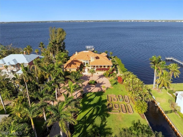 aerial view featuring a water view