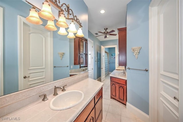 bathroom featuring vanity, tile patterned flooring, and ceiling fan