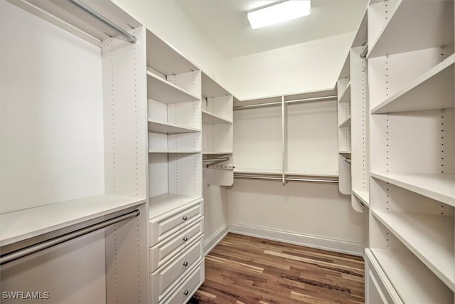 walk in closet with dark hardwood / wood-style floors