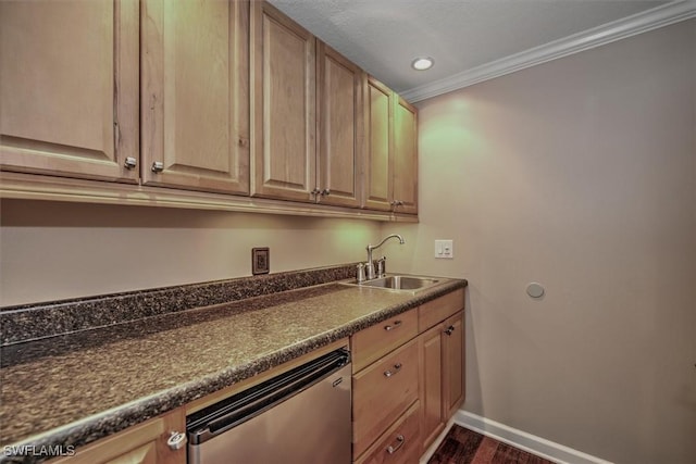 kitchen with sink, dark hardwood / wood-style flooring, ornamental molding, and dishwasher