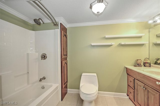 full bathroom featuring bathtub / shower combination, tile patterned flooring, toilet, vanity, and crown molding