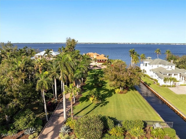 birds eye view of property featuring a water view