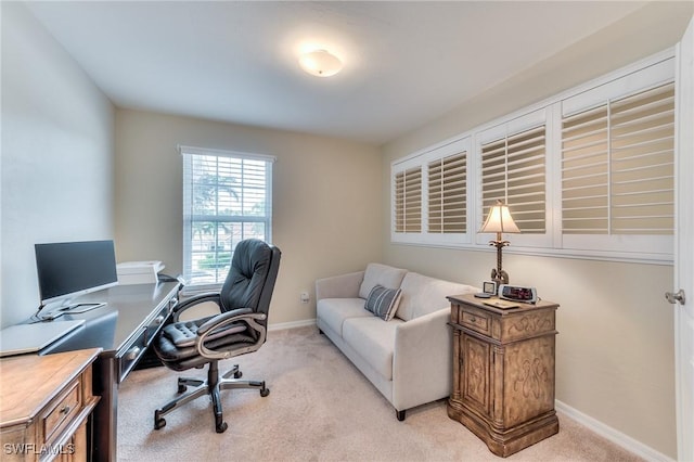 home office with light colored carpet