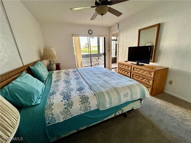 bedroom with carpet flooring, ceiling fan, and access to exterior