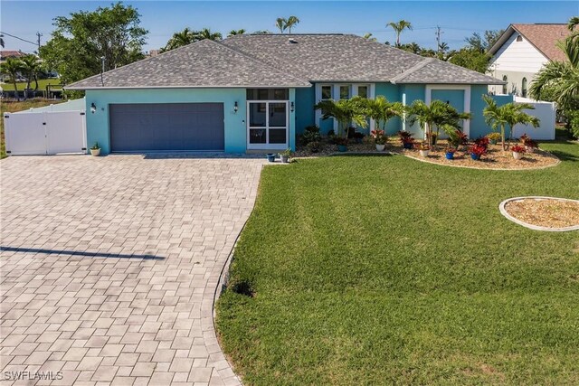 single story home featuring a garage and a front yard