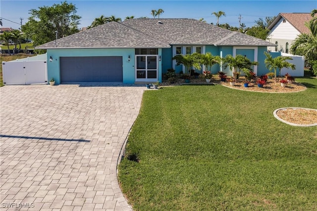 ranch-style home featuring a garage and a front yard