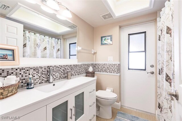 bathroom with vanity, wood-type flooring, backsplash, and toilet