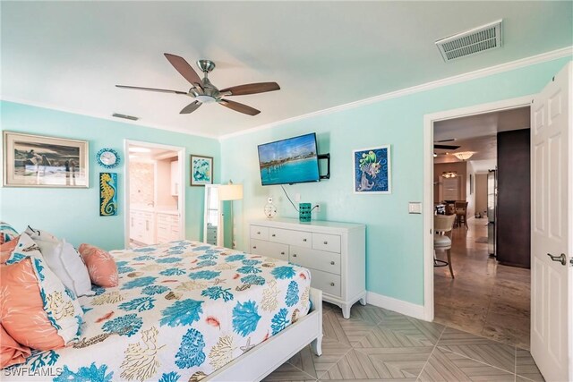 bedroom featuring light parquet floors, ornamental molding, connected bathroom, and ceiling fan