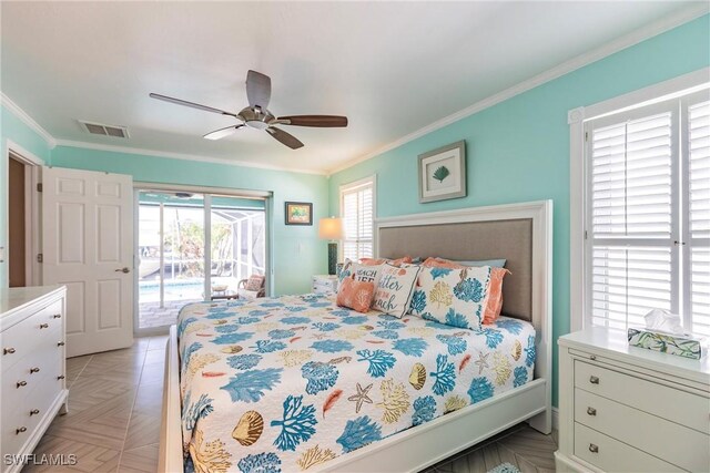 bedroom featuring light parquet floors, ornamental molding, access to outside, and ceiling fan