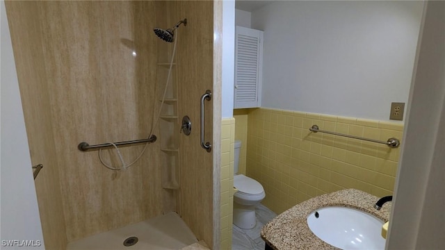 bathroom with walk in shower, toilet, and tile walls