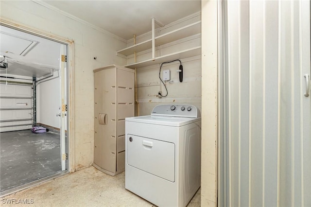 804 Bougainvillea Rd E, Lehigh Acres, FL 33936 - washroom featuring washer / dryer, ornamental molding, and attic access