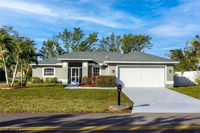 ranch-style home featuring a front lawn and a garage